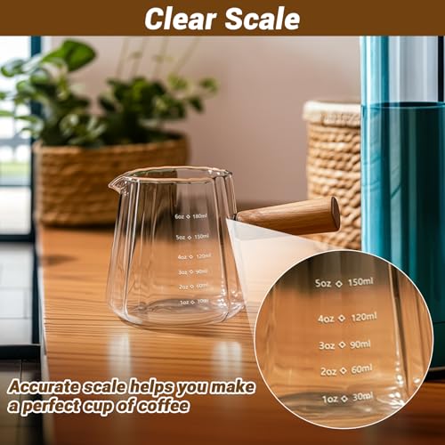 2 PCS Espresso Measuring Cup 6 Oz, Espresso Glass Cups with Wood Handle, Milk Frothing Cup, Espresso Cup for Coffee, Milk, Tea or Maple Syrup Serving - color: Clear