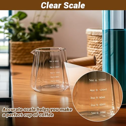 2 PCS Espresso Measuring Cup 6 Oz, Espresso Glass Cups with Wood Handle, Milk Frothing Cup, Espresso Cup for Coffee, Milk, Tea or Maple Syrup Serving - color: Clear