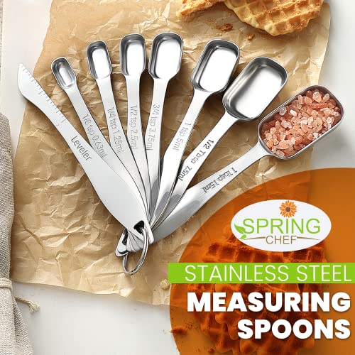 Spring Chef Stainless Steel Measuring Spoons Set of 8 with Leveler, Metal Teaspoon & Tablespoon Measuring Spoons for Dry & Liquid Ingredients, Fits in Spice Jars - Kitchen Gadgets For Baking & Cooking - style: Spoons - Set of 8