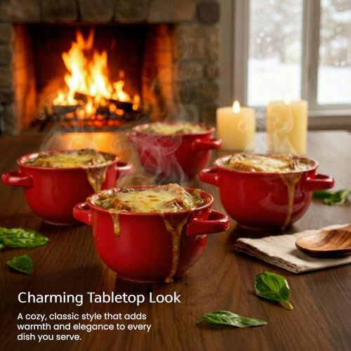KooK French Onion Soup Crocks with Handles, Ceramic Bowls, for Rice, Dessert, Pasta, Dishwasher, Microwave, Oven & Broil Safe, Red, Set of 4, 18 oz, Red - color: Red