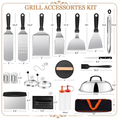 35PCS Griddle Accessories Kit, Leonyo Flat Top Grill Accessories, Grill Tools with Griddle Spatulas, Smash Burger Press, Basting Cover, Scraper for Outdoor BBQ Teppanyaki Hibachi Cooking - style: Round Bacon Press