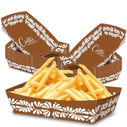 No Folding Required 50 Pack 2Lb Cielito Lindo Party Decoration Mexican Snack Trays Platos De Barro Mexicanos Terracotta Clay Pottery Disposable Trays Nacho Popcorn Food Container for Mexican Party