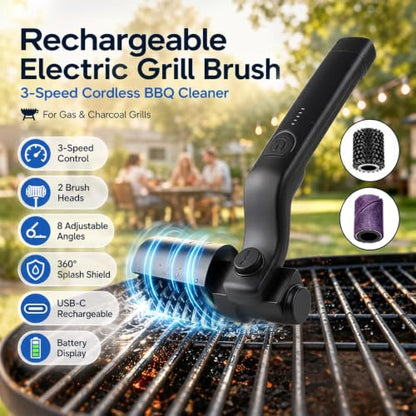 Rechargeable Electric Grill Brush, 3-Speed Cordless BBQ Cleaner with 2 Brush Heads, 8 Adjustable Angles, 360° Splash Shield, Stainless Steel Wire Brush for Gas/Charcoal Grills
