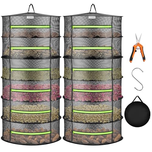 VIVOSUN 2-Pack 6-Layer Mesh Drying Rack Hanging Design with Green Zippers for Dehydrating, Indoor and Outdoor (Pruning Shears Included) - size: 6 Layer, style: 2 Pack