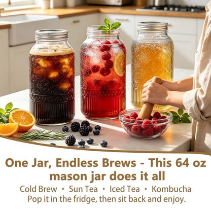 64oz Glass Mason Jars 1-Pack with Airtight Metal Split & Extra Plastic Lid | Half Gallon Wide Mouth Canning Jars, Large Glass Containers for Pantry Storage, Fermenting, Pickling, Cold Brew, DIY Projects - color: Clear-64OZ