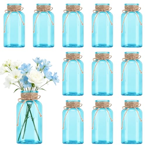 Vintage Glass Flower Vase, Farmhouse Glass Centerpiece Vases Mason Jars for Weddings, Parties & Home Decor Bulk (12, Aqua Blue) - color: Aqua Blue