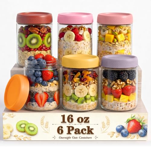 16 oz Mason Jars, 6 Pack Air Tight Overnight Oats Jars, Chia Pudding Glass Jars with Lids, Parfait Cups with Lids, Sugar Bowls, Glass Storage Jar for Yogurt, Snack, Food, Prep Meal, Breakfast - color: Berry Bloom