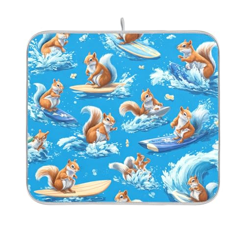 Dish Drying Mat for Kitchen Counter Dish Mat Dish Drainer Mats Kitchen Drying Mat Pad Microfiber Absorbent Reversible 16x18 Inch Blue Squirrel Surfing - color: Blue Squirrel Surfing, size: 18" x 16"