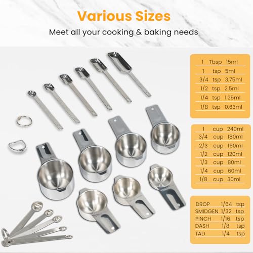 18PCS Measuring Cups and Spoons Set, Includes 7 Stainless Steel Nesting Cups, 6 Rectangular & 5 Mini Measuring Spoons Fits Narrow Jars, Kitchen Gadgets for Cooking & Baking - size: Set of 18