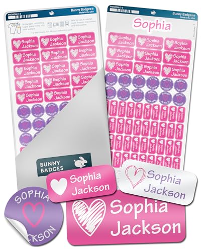 Bunny Badges Personalized Daycare Name Labels for Kids (130 Labels) - Custom Waterproof Name Stickers for Clothing Tags, Water Bottles, Lunch Boxes and School Supplies (Hearts) - color: Hearts