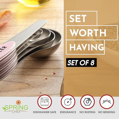 Spring Chef Stainless Steel Magnetic Measuring Spoons Set of 8 with Leveler, Dual Sided Teaspoon & Tablespoon Measuring Spoons with Strong Magnets, Kitchen Gadgets for Baking & Cooking - Pink Lemonade - color: Pink Lemonade, size: 1-Pack