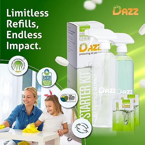 DAZZ Whole House Starter Kit (3 Reusable Spray Bottles, 6 Refills) Natural All Purpose Cleaner, Glass and Window Cleaner, and Bathroom Cleaner - Eco Friendly, Non Toxic