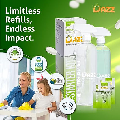 DAZZ Whole House Starter Kit (3 Reusable Spray Bottles, 6 Refills) Natural All Purpose Cleaner, Glass and Window Cleaner, and Bathroom Cleaner - Eco Friendly, Non Toxic