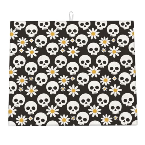 White Skulls Daisy Flowers Dish Drying Mats for Kitchen Counter, Super Absorbent Microfiber Drainer Pad, Washable Reversible Appliance Protector, Everyday Kitchen Must-Have, 16x18 Inch - color: White Skulls Daisy Flowers