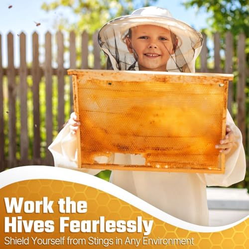 Flexzion Kids Beekeeping Suit Jacket with Veil Hood - Lightweight Sting-Proof Bee Suit for Kids Adults, Youth Pullover Bee Smock, Elastic Waist & Cuffs, White, Kid Medium - size: Kids Medium