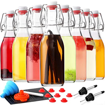 8-Pack 8.5oz Flip Top Glass Bottles, Swing Top Beer Brewing Bottle for Fermentation, Kombucha, Kefir, Vanilla Extract, Coquito, Juice, Soda, Tea - Airtight Stopper Cap Lid, Bonus 2 Bottle Pourers