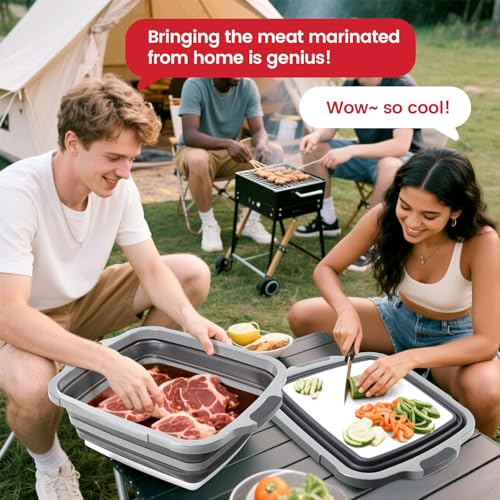 BBQ Prep Tub 3-IN-1 Large 16L Collapsible Cutting Board with Locking Lid for Meal Prep Marinating Food, Camping Sink with Colander, Dish Basin, Storage Blanket for Camping Picnic BBQ, Black - color: Black 16L
