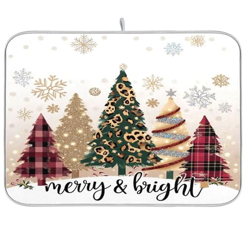 Christmas Tree Golden Dish Drying Mat for Kitchen Countertop 18x24 Winter Snowflake White Xmas Large Drying Mat Reusable Quick Dry Dish Sink Mats Easy Clean Decorative Essentials - size: 18x24(in)x1