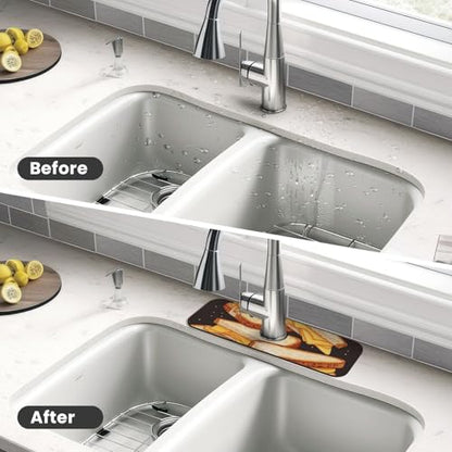 Faucet Mat for Kitchen Sink Super Absorbent Diatomite Fast Drying Stone Draining Mat 15" x 5.5" Non-slip Drain Pad Sink Mat Cheese Sandwiches Dish Drying Mat for Kitchen Bathroom Counter