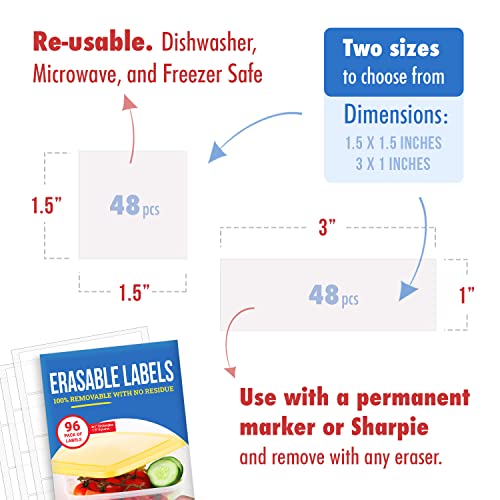MESS Erasable Kitchen Labels, 96-Pack (1x3 & 1.5") - Reusable Labels for Food Containers - White Dry Erase Stickers for Pantry, Jars, Food Containers, Fridge & Freezer - size: 1x3" & 1.5", style: White