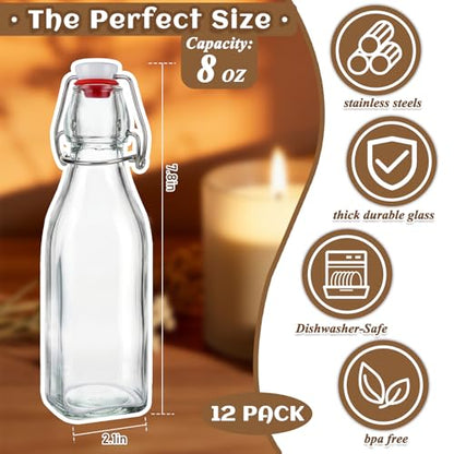 12 Pack 8oz Square Swing Top Glass Bottles – Flip Top Bottles with Stoppers for Vanilla Extract, Kombucha, Kefir, Home Brewing, Fermentation & Gifting, Includes 8 Extra Seals & 2 Pourers