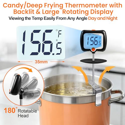 10 Inch Long Digital Candy Thermometer with Pot Clip,Deep Fry Thermometer,Rotating Display, Best Instant Read Food Meat Thermometer for Candy Making or Deep Frying - color: Black Digital Thermometer
