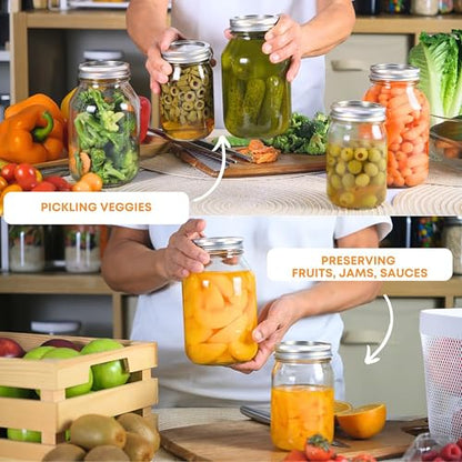 FastRack 32 oz Regular Mouth Mason Jars with Lids – Pack of 12 Quart Canning Jars for Food Storage, Pickling, Fermentation, Crafts – Reusable Airtight Large Glass Mason Jar with 1 Black Cap Gripper - size: 32oz - 12P