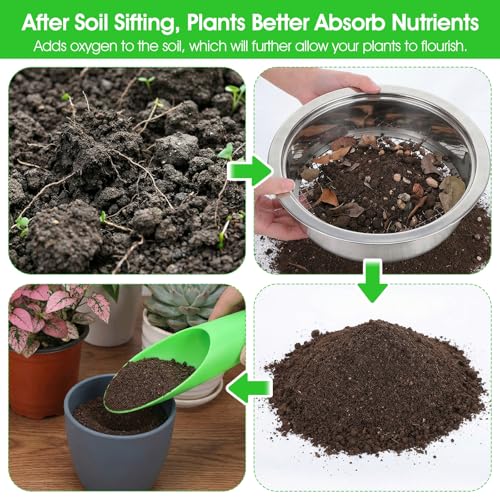Soil Sieve Set with 5 Stainless Steel Mesh Sifter Screens (1/3/6/9/12mm) & Plastic Scoop - 7.7" Diameter Garden Soil Sifter for Compost, Sand, Rocks