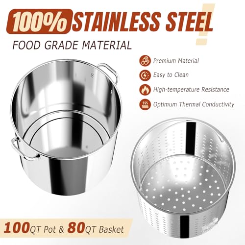 100QT Seafood Boil Pot with Detachable Paddle, Stainless Steel Stock Pot | Crawfish Boil Pot with 80QT Basket, Lid & Lifting Hook, Perfect for Outdoor Crab, Lobster & Shrimp Boils - style: 100QT+Mixing Paddle