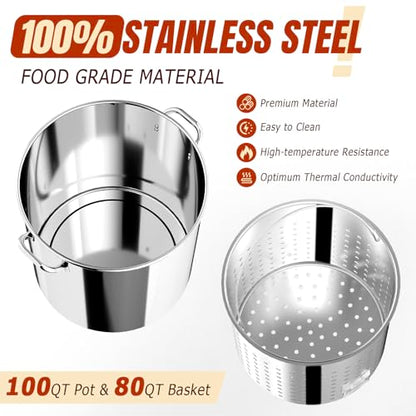 100QT Seafood Boil Pot with Detachable Paddle, Stainless Steel Stock Pot | Crawfish Boil Pot with 80QT Basket, Lid & Lifting Hook, Perfect for Outdoor Crab, Lobster & Shrimp Boils - style: 100QT+Mixing Paddle