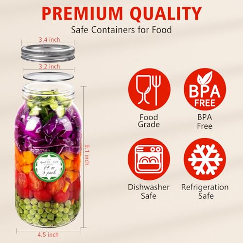 64 oz Wide Mouth Mason Jars with Lids and Bands, 3 Pack Half Gallon Canning Jars, Large Glass Jars for Pickling, Preserving, Meal Prep