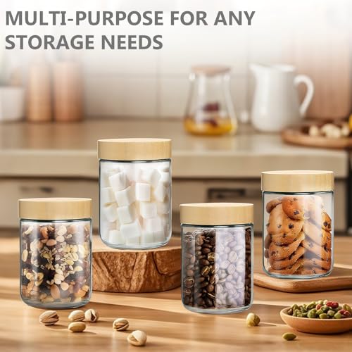 TBWIND 4 Pack 16oz Glass Jars with Bamboo Lids, Spoons, Airtight Overnight Oats Containers, Wide Mouth Mason Jars, Food Storage Container for Yogurt Salad Snacks Spice Sugar Meal Prep – Reusable - color: 16oz-Natural Lids-4 Spoon