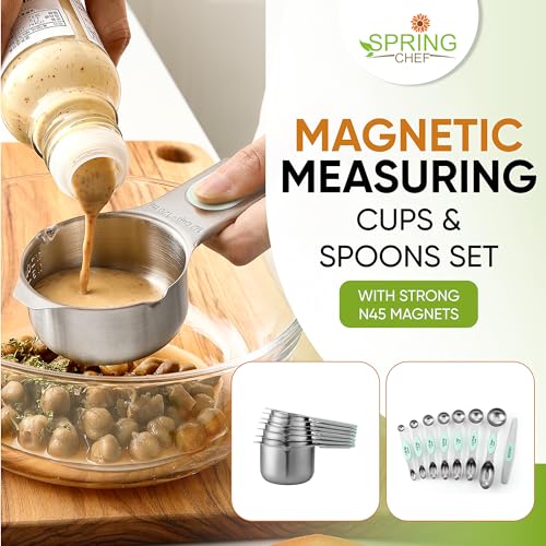 Spring Chef Magnetic Measuring Cups & Spoons Set, Patented, Strong N45 Magnets, Heavy Duty Stainless Steel Fits in Spice Jars for Baking & Cooking, BPA Free, Round Set of 15 with Leveler, Mint - color: Mint, size: Set of 15