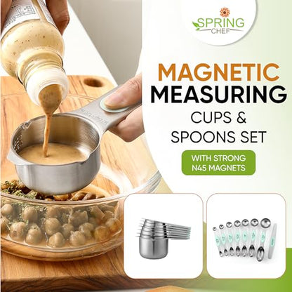Spring Chef Magnetic Measuring Cups & Spoons Set, Patented, Strong N45 Magnets, Heavy Duty Stainless Steel Fits in Spice Jars for Baking & Cooking, BPA Free, Round Set of 15 with Leveler, Mint - color: Mint, size: Set of 15