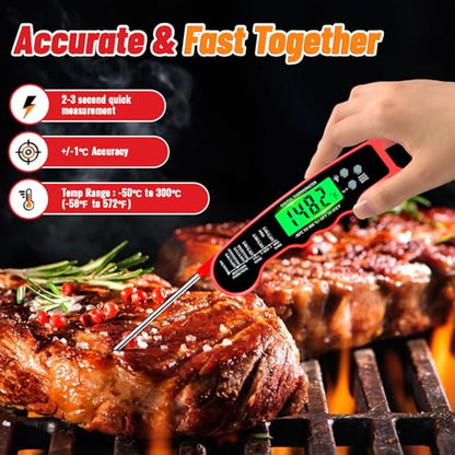 Meat Thermometer Digital, Instant Read Meat Thermometer with Backlight & Magnet for Kitchen, Beef, Grill, Turkey,IP67 Waterproof Cooking Thermometer - color: Red