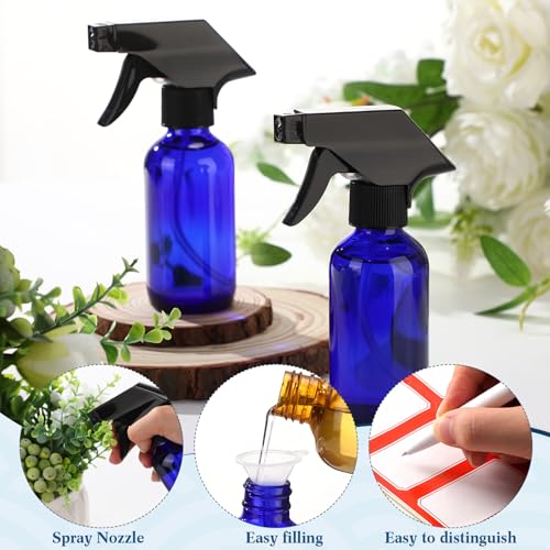 Fumete 2 Pack Glass Bottles 4oz Empty Refillable Liquid Containers with 1 Label 1 Funnel for Essential Oils Hair Travel Plants Cleaning Skin Care (Spray Bottle, Blue, Black Top) - color: Blue, Black Top, style: Spray Bottle