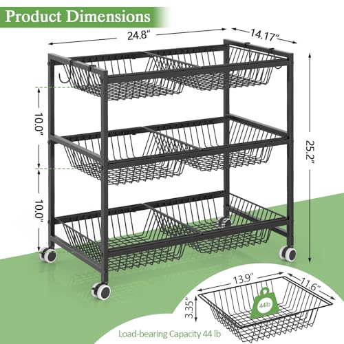 3-Tier Rolling Pantry Floor Organizer Cart with 6 Detachable Baskets, Metal Wire Fruit Basket Stand with Wheels, Kitchen Storage Cart for Fruit Vegetables, Snack Cart for Pantry Kitchen Living Room - size: 3-tier 6 baskets