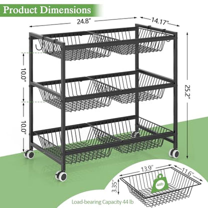 3-Tier Rolling Pantry Floor Organizer Cart with 6 Detachable Baskets, Metal Wire Fruit Basket Stand with Wheels, Kitchen Storage Cart for Fruit Vegetables, Snack Cart for Pantry Kitchen Living Room - size: 3-tier 6 baskets