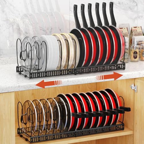 Housolution 2 Pack Pot and Pan Organizer, 12"-23" Expandable Pot Lid Organizer with 14 Adjustable Dividers, Pan Lid Holder Storage Rack for Cabinet, Black - color: Black, size: 14 Dividers, 2 Pack