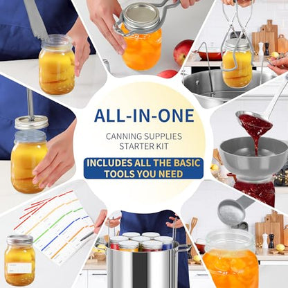 Canning Supplies Starter Kit,Canning Kit for Beginners of 9 with Jar Lifter，Wide Mouth Funnel,Wrench,Tongs,Lid Lifter,Bubble Popper,Canning Labels,ladle,Measuring spoon-Gray - color: X9-Gray