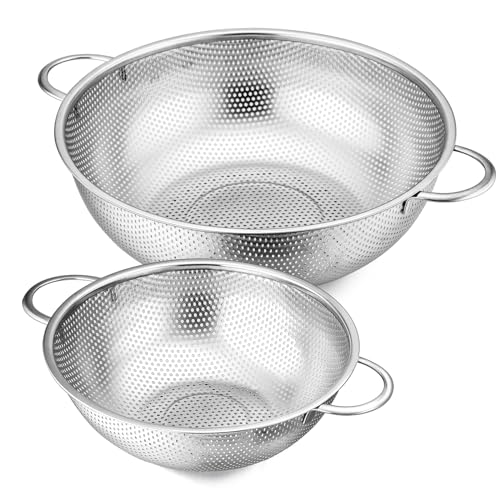 E-far 3QT & 5QT Colander Set of 2, Stainless Steel Micro-Perforated Colander Strainer with Handle for Kitchen/Draining Pasta/Rinsing Vegetables Fruits, Heavy Duty Metal & Dishwasher Safe - size: 3 + 5 QT