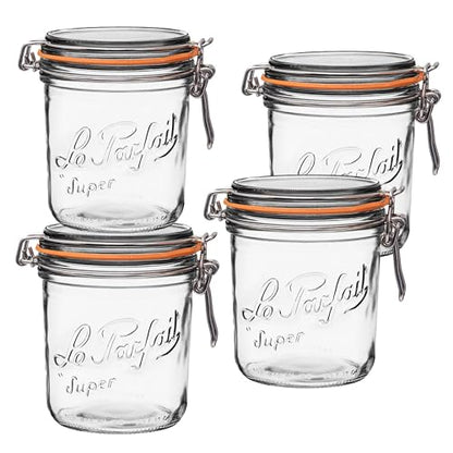 Le Parfait Super Terrine 750mL (24oz) Zero Waste Eco-Friendly Glass Canning Jars, Airtight Rubber Seal & Wire Bail Lid, BPA-Free, Water Bath Safe for Food Storage & Preserving, Made in France, 4PK - color: 750ml (Set/4)