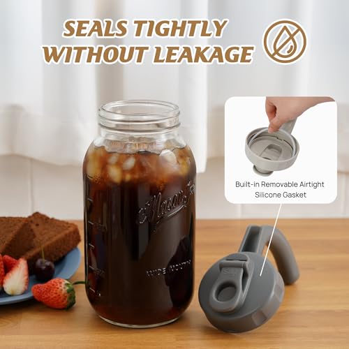 Soligt Glass Mason Jar Pitcher with Lid, Wide Mouth Flip Cap Pour Spout Leak-proof Lid with Handle, 64 oz/2 Quart, for Iced Coffee/Sun Tea Juice/Cold Brew/Milk (2 Pack, Dark Gray + Light Gray) - color: Dark Gray and Light Gray