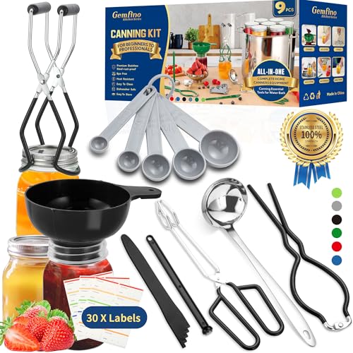 Canning Supplies Starter Kit,Canning Kit for Beginners of 9 with Jar Lifter,Wide Mouth Funnel,Wrench,Tongs,Lid Lifter,Bubble Popper,Canning Labels,ladle,Measuring spoon-Black - color: X9-Black