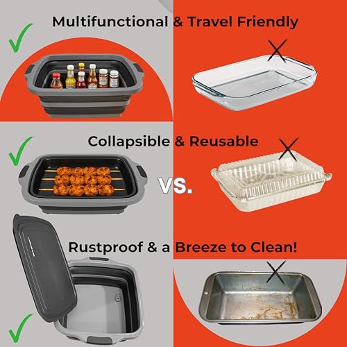 Collapsible X-Large (16L) BBQ Marinating Tub w/ Cutting Board | Multipurpose Food-Grade TPE Prep Tub w/ Lid | Built-In Colander & Drain Plug - For Camping | Tailgate | Picnic - Slate Black - size: X-Large