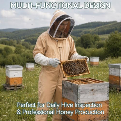 Bee Suit for Men Women, Full Body Sting Proof Beekeeping Suit | Detachable Protective Round Veil & Gloves, Size L Fits 5'4''-5'9'', Ideal for Apiary Backyard Beekeeping Beginners, Beige - size: L