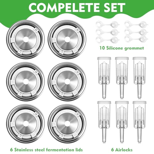 Fermentation Lids for Wide Mouth Mason Jars, 6 Set Fermentation Kit with Date Tracker, Stainless Steel Fermenting Lids with Airlocks, Silicone Rings & Grommets (Jars Not Included)