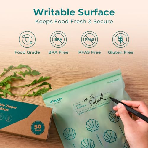 Fit Meal Prep 50 Pack 100% Compostable Food Storage Bags, 1 Gallon Freezer Bags, 10.6 x 11.5" Resealable Bag for Vegetables, Meat, Fruits, ASTM D6400, US BPI & EU OK Compost Certified - style: Gallon