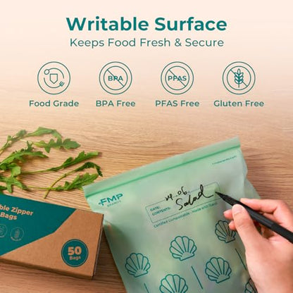 Fit Meal Prep 50 Pack 100% Compostable Food Storage Bags, 1 Gallon Freezer Bags, 10.6 x 11.5" Resealable Bag for Vegetables, Meat, Fruits, ASTM D6400, US BPI & EU OK Compost Certified - style: Gallon