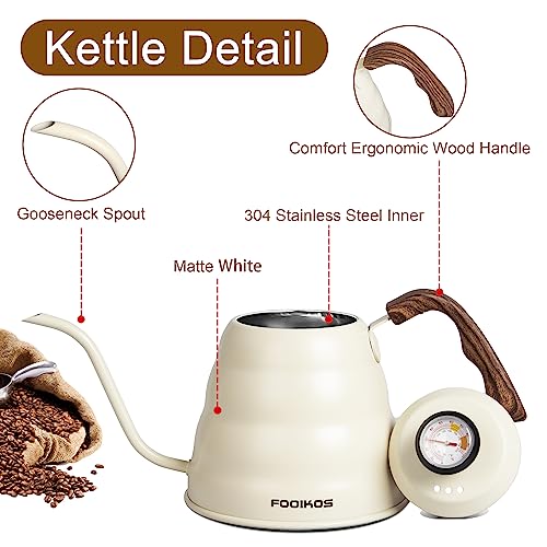 Tea Kettle gooseneck with Thermometer for Pour Over Coffee & Tea, 42 fl oz, Premium Stainless Steel, Accurate Temperature Control, Ideal Spout for Precision Pouring, Compatible with all Stovetop - color: White